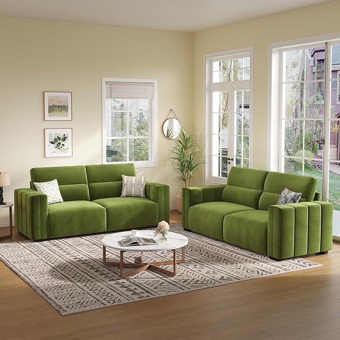 82 Inch Sofa with Extra Deep Seats Oversize Velvet Fabric 2 Seater Sofa for Living RoomModern Couch and Loveseat Comfy Armrests and Seats and Backrests Easy Installation Green
