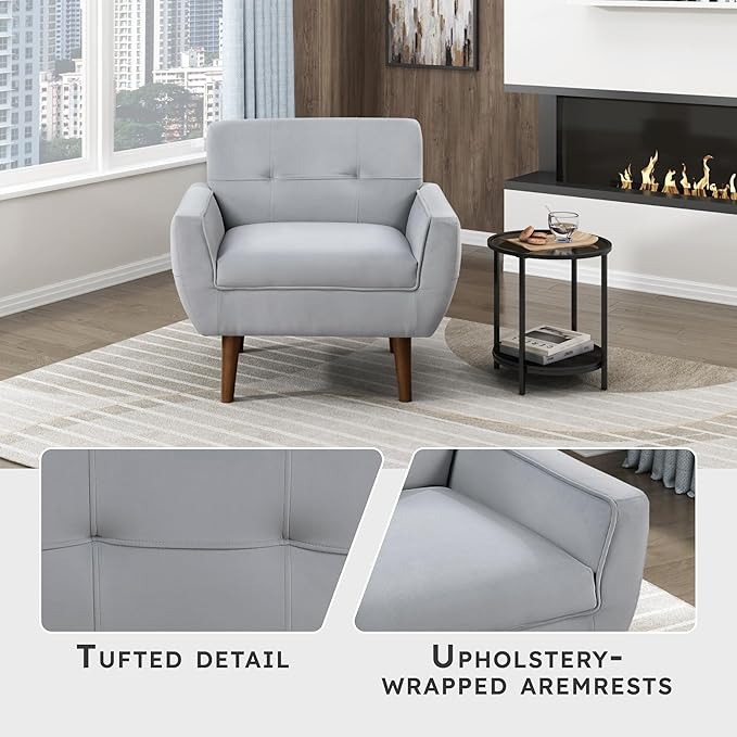 Lexicon Mid Century Modern Accent Chair with Dark Brown Solid Wood Leg Velvet Upholstered Living Room Chair Lounge Arm Chair Tufted Detail Single Sofa Chair Comfortable Reading Chair Gray