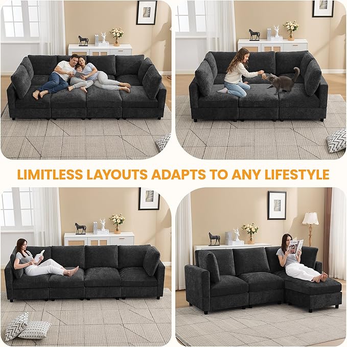 89'' 3-Seater Modular Sectional Cloud Sofa with Ottoman L-Shaped Couch for Living Room Modern Convertible Deep Seats Sofa Chenille Dark Grey