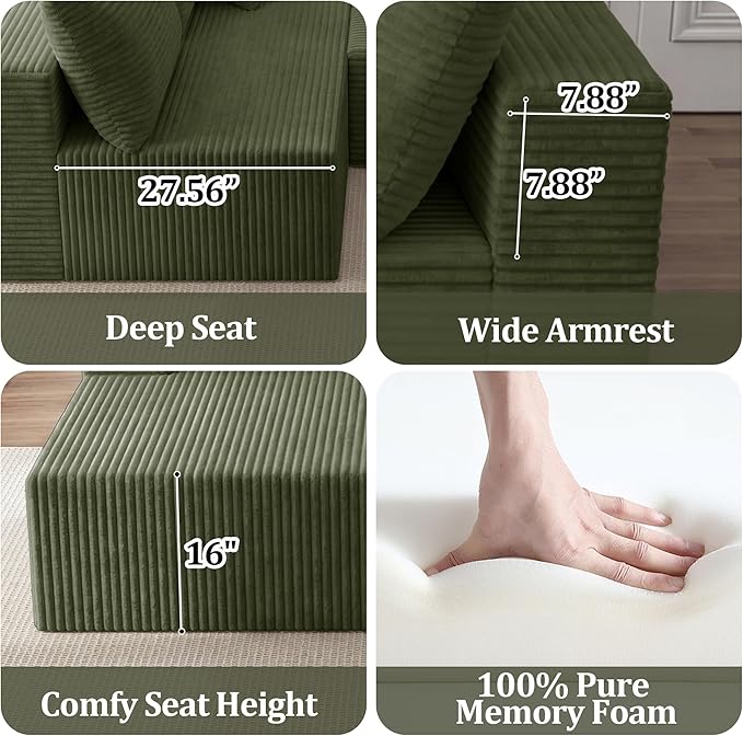 118 Modular Sectional Sofa with Chaise and Ottoman Oversized U-Shaped Corduroy Cloud Couch Deep Seat Boneless Couch for Living Room No-Assembly - Green (Left Facing Chaise)