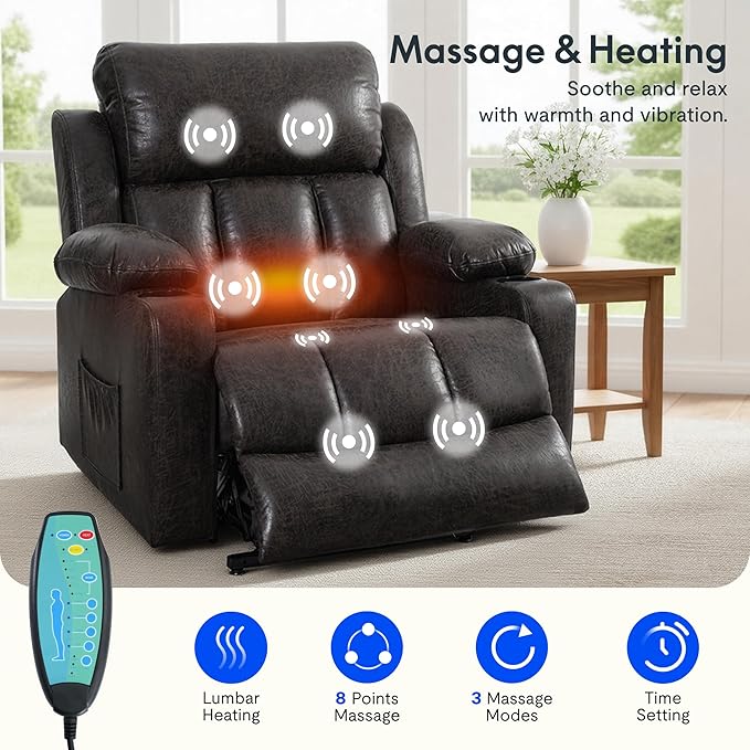 FLEXISPOT XL31-XL Oversized Power Lift Recliner Chair for Elderly 27.4 Extra Wide Lay Flat Lift Chair w/Massage &amp Heat Dual Motor Electric Reclining Chair for Big &amp Tall(Oversized Dark-Gre