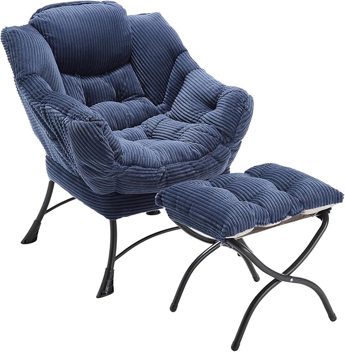 Modern Lazy Chair with Ergonomic Ottoman Comfortable Lounge Chair with Footrest for Space Saving Comfy Reading Armchair for Living Room Bedroom Office Navy