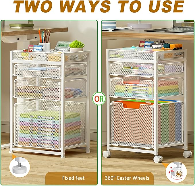 Rolling File Cart with 3 Storage Drawers Under Desk Filing Cabinet with DIY Divider Hanging File Folder Organizer on Wheels Fits A4/Letter Size Metal Utility Cart for Home Office White