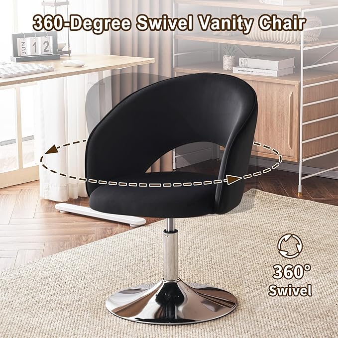 Furnimart Adjustable Black Vanity Chair with Back Velvet Makeup Chair Swivel Accent Chair with Chrome Frame Hollow Backrest Side Chair for Living Room Makeup Room Bedroom (Black)
