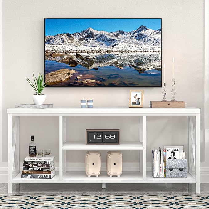 EXCEFUR 55 inch TV Stand for TV up to 65 inch Modern Media TV Console with Storage Shelves Entertainment Center for Living Room Bedroom White Oak