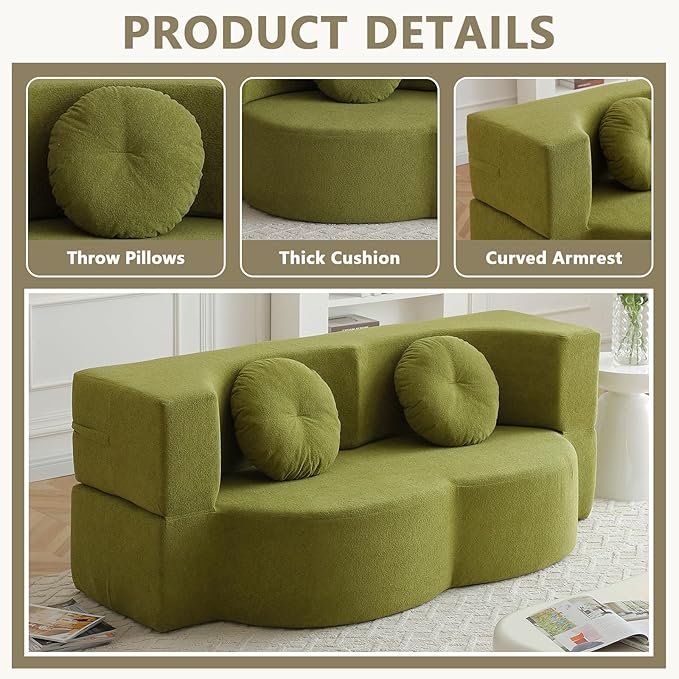 2-In-1 Futon Sofa Bed Foldable Couch with 2 Pillows Convertible Foldable Sofa Bed Folding Sofas Beds for Living Room Guest Room Apartment Office Lazy Sleeper Comfy No Assembly (Green)