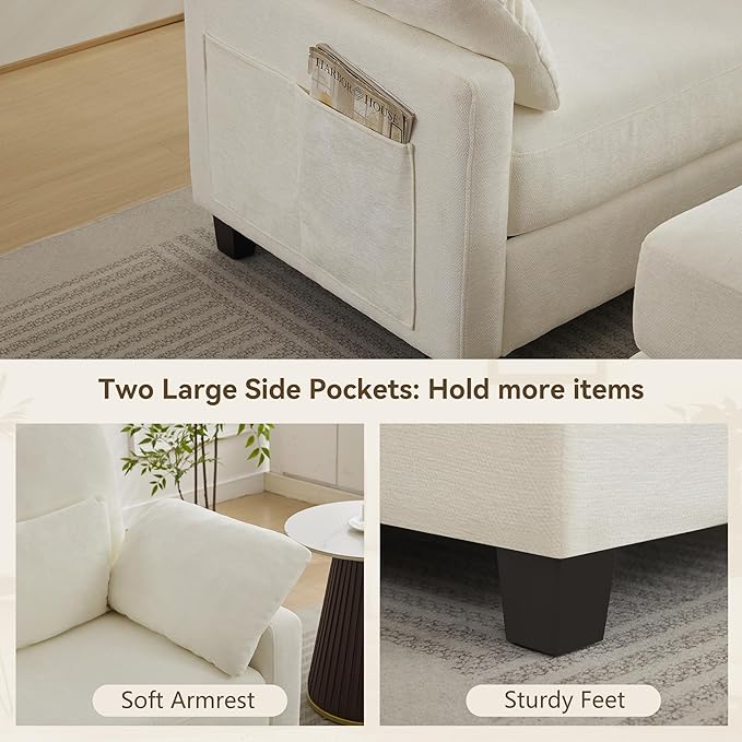 57.5 Oversized Chaise Lounge with Ottoman Indoor White Reading Chair with Ottoman &amp Sofa Bed Chenille Upholstered Comfy Sleeper Chair for Living Room Bedroom Office