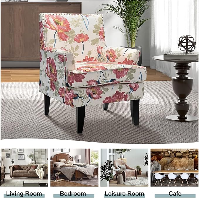 HULALA HOME Modern Accent Chair with Arms and Wooden Legs Mid Century Accent Chair Armchair High Back Rest Padded Armrest and Comfortable Cushioned Seat for Living Room (Red Yellow Floral)