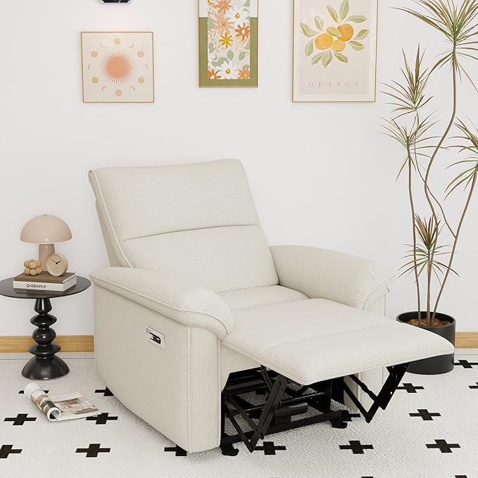 KEIKI Wall Hugger Recliner Chair Zero Wall Electric Recliner Chairs with USB Port Electric Recliner for Living Room Fabric Reclining Armchair for Small Space Beige