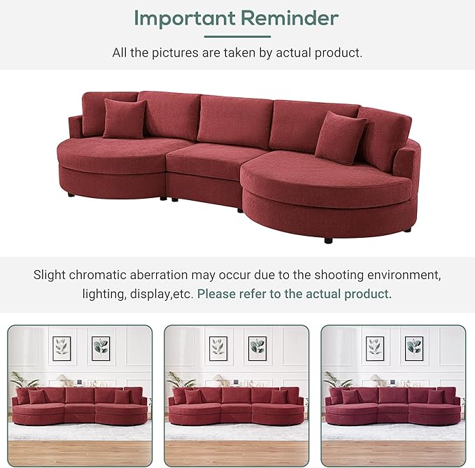 Merax 129 inches 3-Seater Curved Chenille Sofa Modern Upholstered Living Room Couch with Thick Cushions Includes 2 Throw Pillows Easy Assembly Red