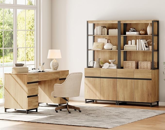 WAMPAT 59 Inch Modern Home Office Desk with Charging Station Wood Computer Writing Desk with 7 Deep Drawers Oak Executive Desk Study Table for Living Room Home Office