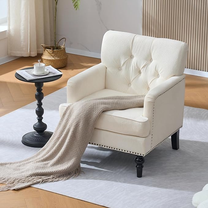 Mid Century Modern Beige Accent Chair with Arms Corduroy Upholstered Armchair with Nailhead Trim Tufted Club Chair &amp Single Sofa Chairs for Living Room Wood Frame &amp Rubber Wood Legs (Beige)