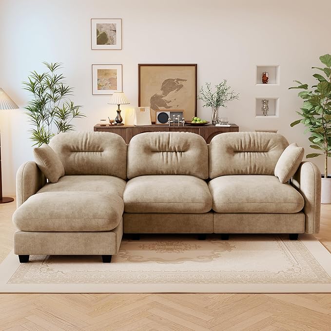 107 L Shaped Sofa for Living Room Comfy Chenille Fabric Cloud Sectional Couch Modern Upholstered Deep Seat Sofa with Pillow and Movable Ottoman Oversized Sectional Sofa Camel