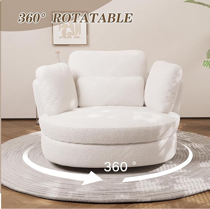 Chifee &amp Vingol 50.2 Oversized Swivel Accent Chair Upholstered Round Barrel Chair with Pillows Swivel Chairs for Living Room BedroomSherpaIvory