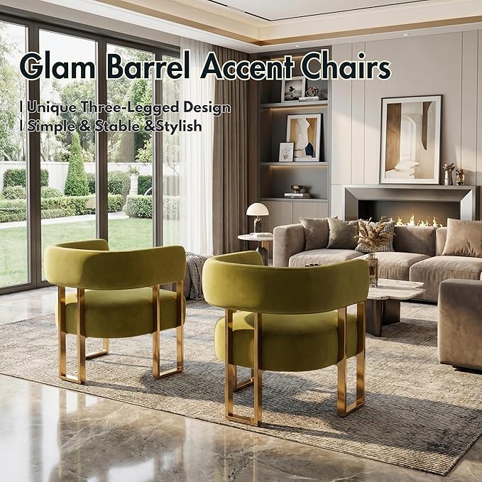 Modern Barrel Accent Chairs Set of 2 Comfy Upholstered Velvet Armchairs for Living Room with Semi-Open Back Reading Accent Chairs with Gold Metal Legs for Bedroom Vanity Reception Olive Green