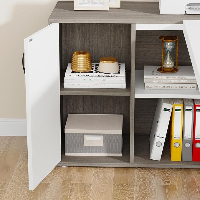 Tribesigns 71 inch Executive Desk L Shaped Desk with Cabinet Storage Executive Office Desk with Shelves Business Furniture Set Workstation for Home Office Gray and White