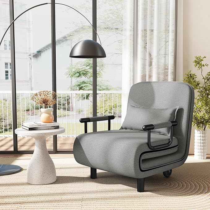 Giantex Convertible Sofa Bed 3-in-1 Folding Sleeper Chair with 5-Position Adjustable Backrest Wheels 2 Legs Recliner Chaise Lounge with Pillow Armchairs for Nursery Living Room (Light Gray)