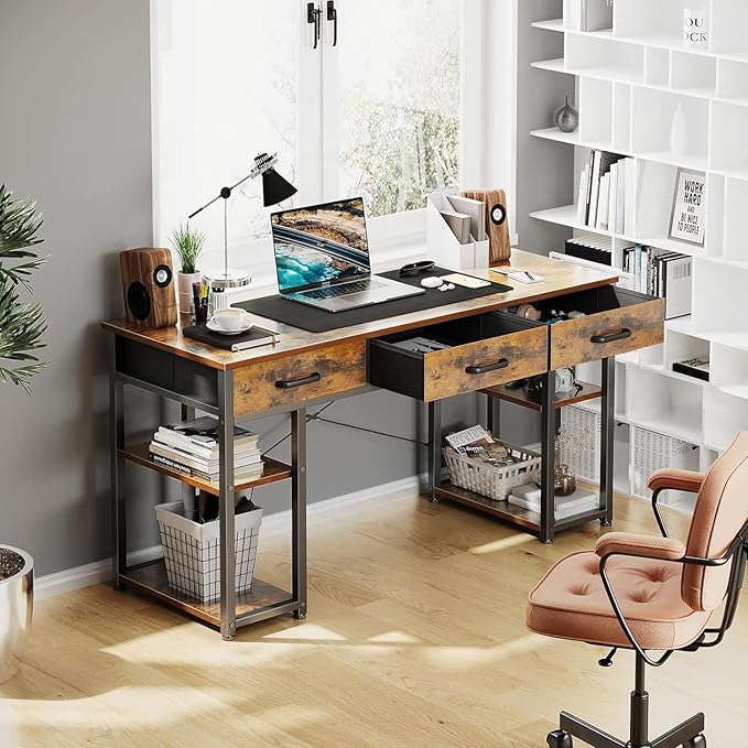 ODK Office Small Computer Desk: Home Table with Fabric Drawers &amp Storage Shelves Modern Writing Desk Vintage 48x16