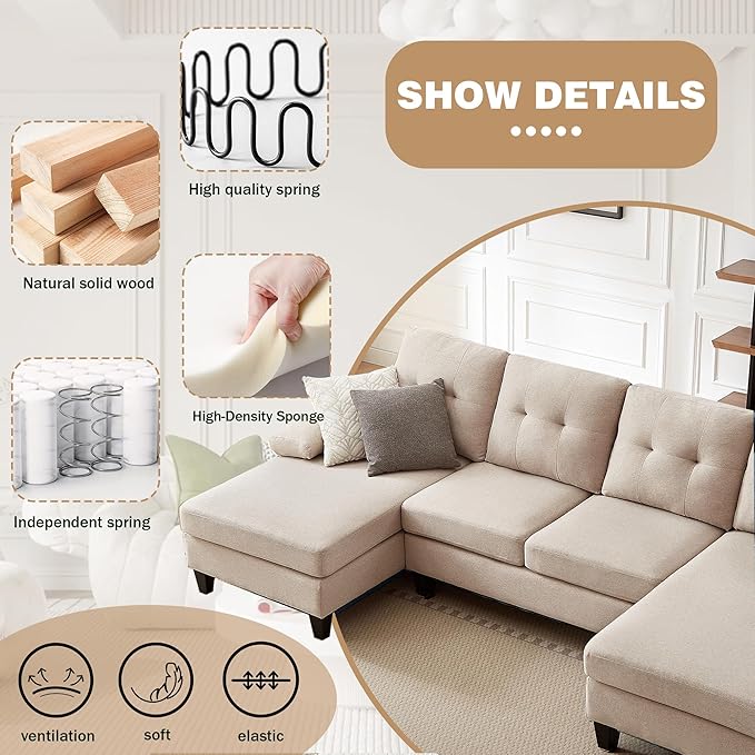 111 Sectional Couch for Living Room Modern Polyester Fibre U Shaped Sofa Couches with Double Chaise Upholstered 4 Seater Sofa for Living Room Apartment Office Beige