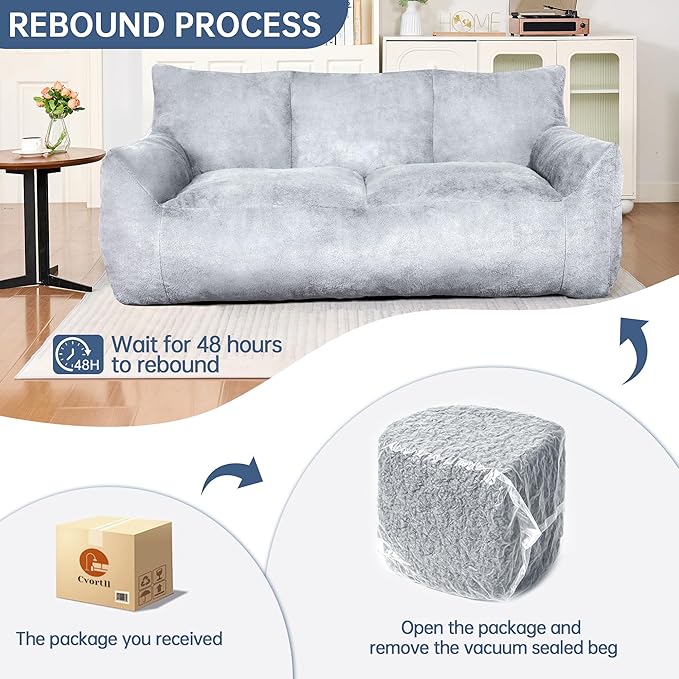 Faux Fur Loveseat Couch Oversized Lounge Sofa for Adults Fluffy Lazy Sofa with Soft Stuffed Filling Big Comfy Couch Boneless Couches for Living Room Bedroom Light Gray Blue