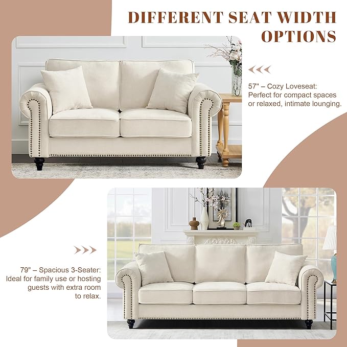 TTK 86 Modern 3-Seater Sofa with Rolled Arms Chenille Upholstered Couch with Sturdy Wood Legs and Elegant Nailhead Trim Comfortable Living Room or Apartment Sofa for Small and Large Spaces Beige
