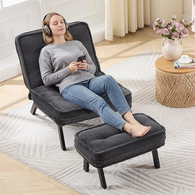 ANJ 3-Position Adjustable Accent Floor Chair Set of 2 with Ottoman Ergonomic Stable Lounge Chairs for Adults Thick Cushioned Comfy Reading Chair with Footrest for Living Room Bedroom Black