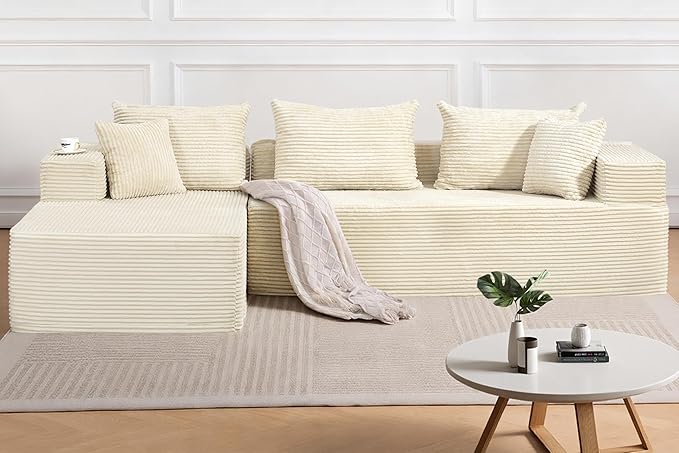 105'' Boneless Cloud Sectional Corduroy Sofa Couch Set for Living Room Bedroom Apartment Beige