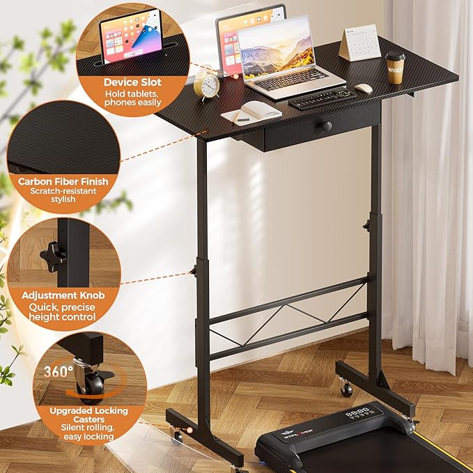 GTPLAYER Small Mobile Standing Desk 32In Wide Adjustable Height Stand Up Desk for Home Office Portable Sit Stand Rolling Computer Desk with Wheels Storage Drawer and Slot Carbon Fiber Style Black