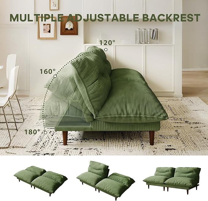 Futon Sofa Bed 4 in 1 Multi-Functional Futon Couch with Adjustable Backrest Convertible Sleeper Sofa Bed and Recliner Lounge Loveseat for Living Room Apartment Office 3 Sets Green