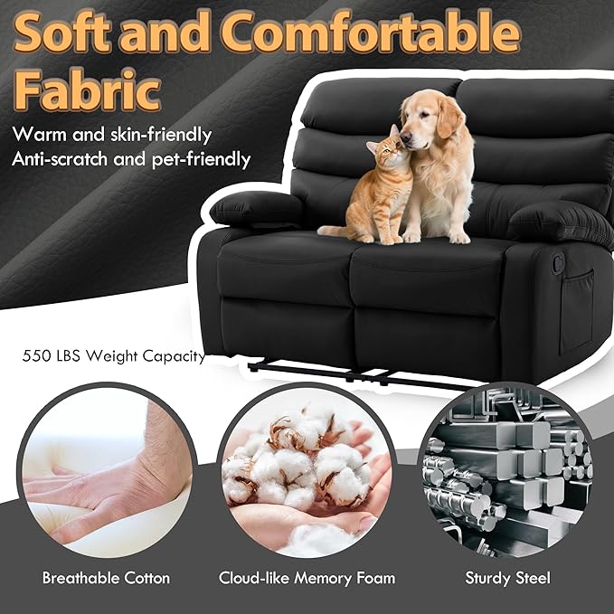 Manual Reclining Loveseat Leather 2 Seat Reclining Sofa Chair with Overstuffed Arms Loveseat Recliner Sofa Hidden Storage for for Living Room RV Home Theater Apartment Black
