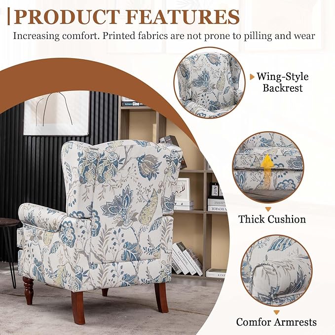Anwick Modern Floral Accent Chair Upholstered Armchair Wingback Chair with Wooden Legs Single Sofa Reading Chair Accent Chairs for Living Room Bedroom Office (Blue)