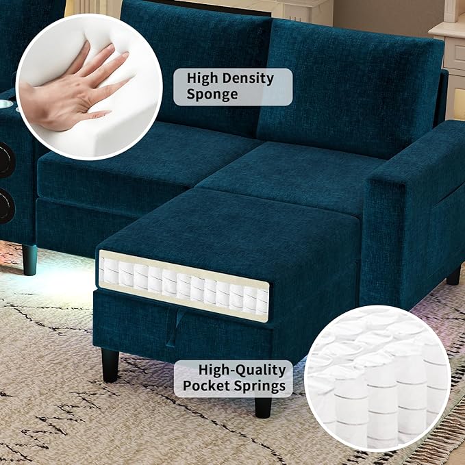 Sectional Couches for Living Room 6 Seat Sectional Sofa Smart Module-Bluetooth Speaker/RGB Light/Charging Station Chenille U Shaped Couch with 2 Movable Storage Ottomans (Blue)