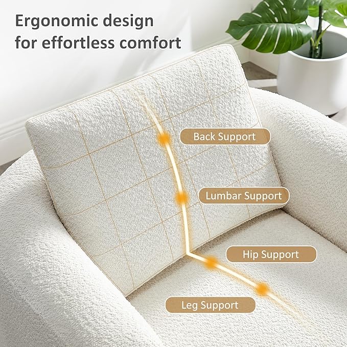 Oversized Living Room Chair Modern Comfy Boucle Accent Chairs with Throw Pillow Upholstered Armchair for Bedroom Office Waiting Room Fully Assembled (White)