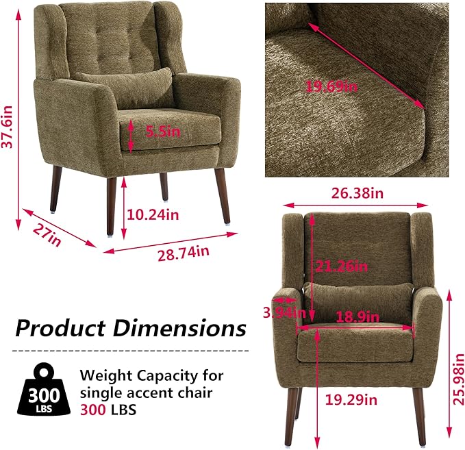Modern Accent Chair Chenille Fabric Upholstered Tufted Side Chair Wingback ChairMid Century Reading Armchair with Waist Pillow Backrest for Living Room Bedroom (Olive Green)