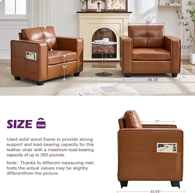 TYBOATLE Brown Faux Leather Accent Chairs Set of 2 Comfy Living Room Chair Reading Oversized Accent Chairs Tufted Mid Century Modern Arm Chair Wider Armchair for Office Bedroom Lobby