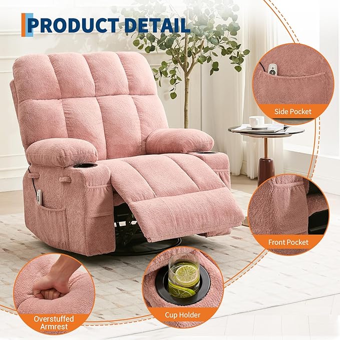 IDEALHOUSE Rocking Recliner Chair with Heat 38.5 Oversized Swivel Rocker Recliner with Massage Side Pockets &amp Cup Holders Reclining Sofa for Living Room Bedroom (Pink Linen)