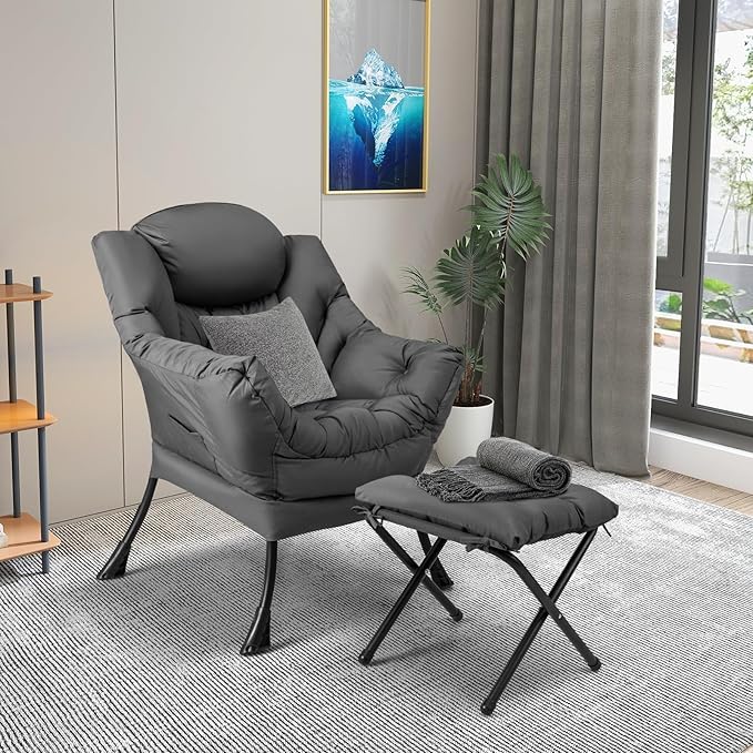 KOMFOTT Lazy Chair with Ottoman Leisure Upholstered Reading Sofa Chair with Armrests &amp Side Pocket Modern Lounge Accent Chair with Folding Footrest for Living Room Bedroom Balcony Grey