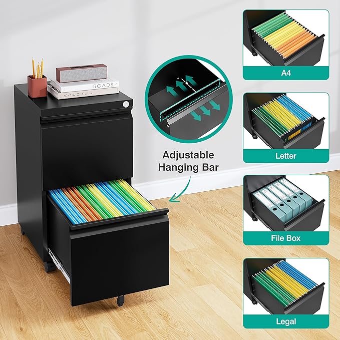 SISESOL 2 Drawer File Cabinet on WheelsMetal Filing Cabinet with LockBlack Rolling File Cabinets with CastersUnder Desk Office Cabinets for Home OfficeFit A4/Letter/LegalEasy Assembly