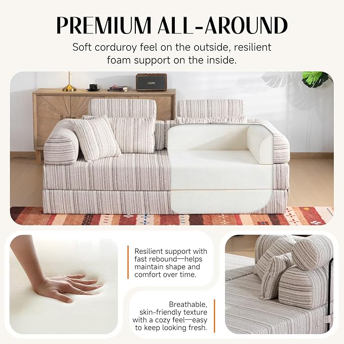 79 Corduroy Sofa Bed Sleeper Couch 6-in-1 Convertible Boneless Floor Futon Loveseat High-Density Foam Couch in a Box with 2 Headrest Pillows No Assembly Grey and White