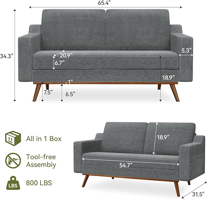 65.4 Loveseat SofaComfy Grey Corduroy Love Seat Couches for Living RoomMid Century Modern Small Couch for Bedroom Office with Spring CushionSolid Wood FrameTool-Free Assembly
