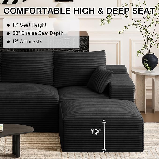 108 Sectional Couches for Living Room Comfy L Shaped Boneless Couches Modern Deep Seat Modular Sofa Cloud Corduroy Couch with Movable Ottoman No Assembly Needed Black