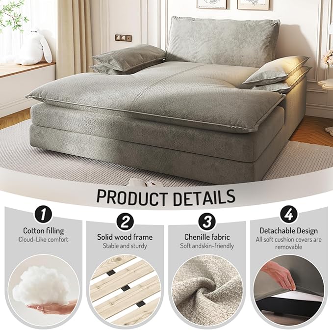 80 Oversized Double Chaise Lounge Chair Indoor Comfy Chenille 2 Seater Cloud Sofa Couch Modern Loveseat Sleeper Recliner with Wide Armrests for Living Room Bedroom Apartment Grey