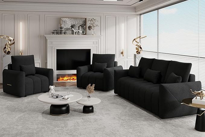 3 Piece Cloud Couch Sofa for Living Room Modern Sofa Chair and 3-Seater Teddy Sectional Couches with Pillows and Back Cushions Comfy Deep Seat Oversized Sofa for Bedroom Apartment Black