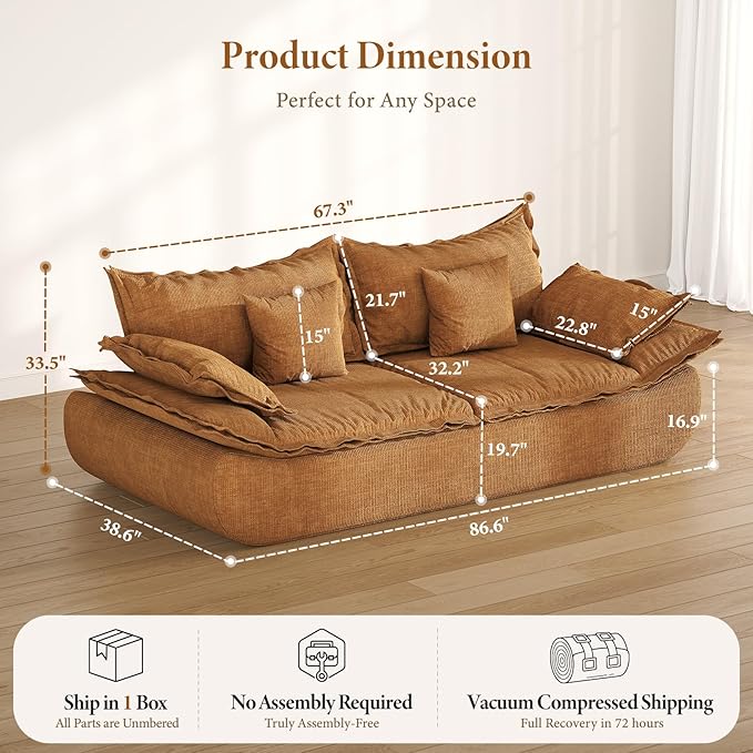 Vesgantti 86.6 Cloud Couches for Living Room Cozy Chenille Boneless Couch with Curved Armrest Modern Stylish Sailboat Sofa with Deep Seat No Assembly Required Orange