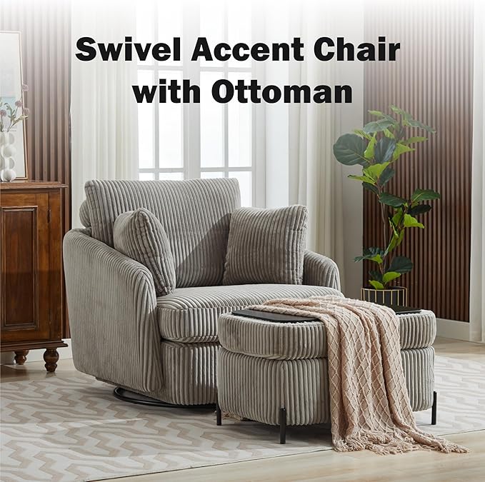 Chifee &amp Vingol 40.6 Oversized Swivel Accent Chair with OttomanCorduroyGray