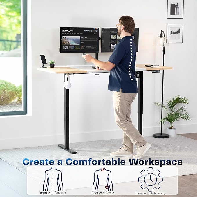 VIVO Electric 71 x 30 in Standing Desk Memory Height Adjustment 1B Series Holds 220 lbs White and Light Wood Top Black Frame DESK-KIT-1B7WC