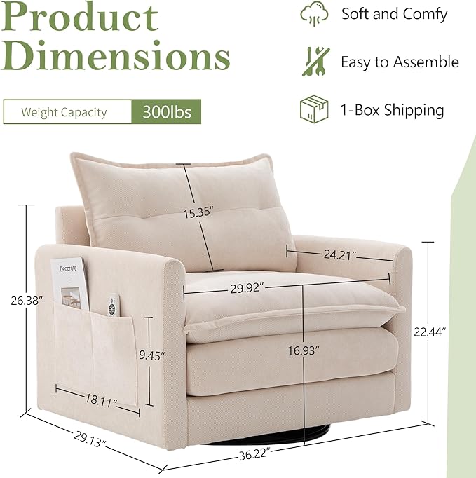 cinkehome Oversized Swivel Chair 36 Swivel Armchair Accent Chair for Living Room Mid Century Modern Thick Padded Arm Chairs Memory Foam Chenille Beige