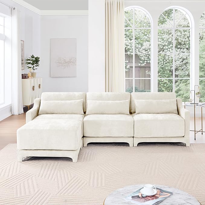 Modular Sectional Sofa Set Optional 2-4 Seater with Lumbar Pillows &amp 0-2 Ottomans Chenille Fabric Ergonomic Easy Assembly for Living Room/Bedroom/Reading Nook (3 Seat + 1 OttomanBeige)
