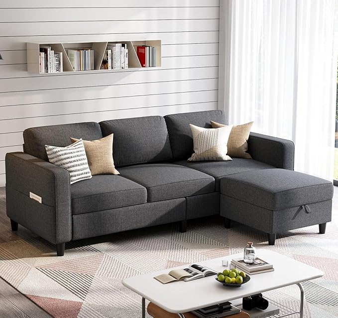 Sectional Sofas Couches for Living Room 78 L-Shaped Small Couch - Modern Linen Dark Grey Sofa with Storage Ottoman for Apartments Studios Home Offices Small Space