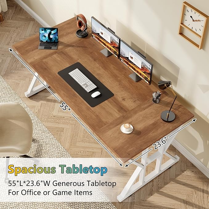 TVU Computer Desk 55 inch Large Office Desk Study Writing Table with Thicken Frame Gaming Desk Modern Simple Desk for Home Office Brown